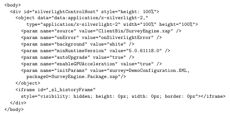  Figure 4.1: Sample HTML code to embed the survey engine into a web page.